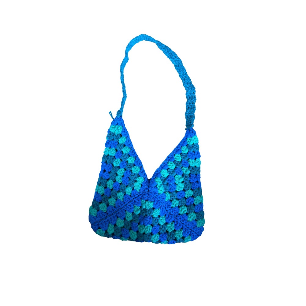 Handmade Crochet Granny Square Shoulder Bag Blue Green Boho Hobo Tote